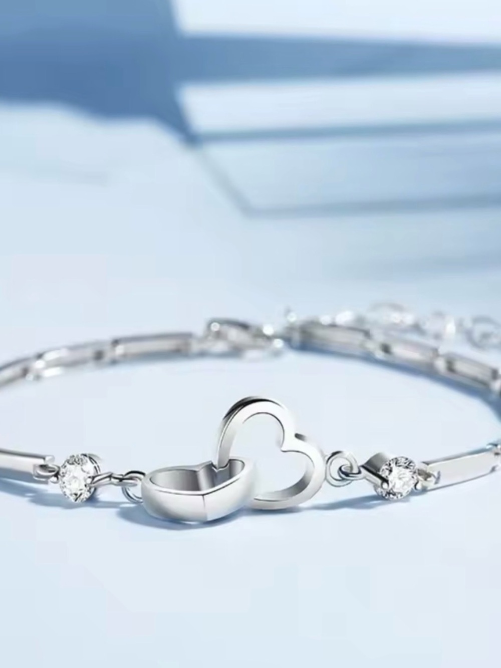 Sterling Silver Double Heart Bracelet with Crystals - new